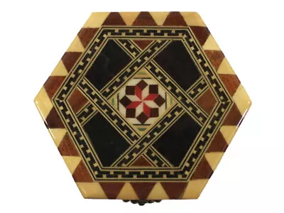 Vintage Hexagon Mosaic Wood Inlay Trinket Jewelry Box Marquetry Mirror • $19.99