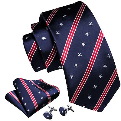 American Flag Striped Mens Ties Blue Silk Tie Set Cufflink Square Necktie • $11.99