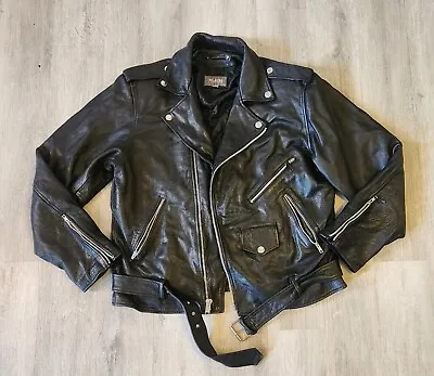 Vintage Wilsons Leather Motorcycle Jacket Mens XL Black Punk Rocker Belted Quilt • $124.95