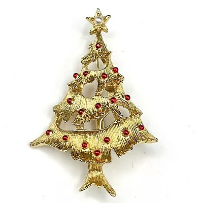 Vintage Gerry's Red Enamel Faux Pearl Christmas Tree Gold Tone Brooch Pin • $5