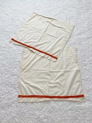 2 Vintage Pair 1970s Cafe Kitchen Curtains Orange Beige Chenille Trim Mod Groovy • $19.99