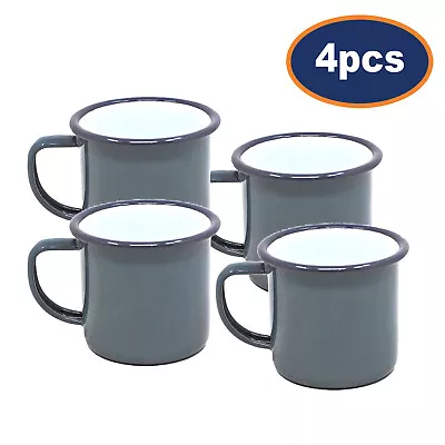 4pcs Falcon Grey Black Rim 350ml Coffee Mug Enamel Tin Gas Electric Hobs Safe • £20.50