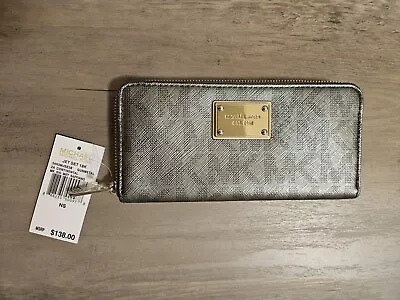 Michael Kors Jet Set 18K Zip Wallet NWT MK Signature Metallic Saffiano/Gunmetal • $34.99