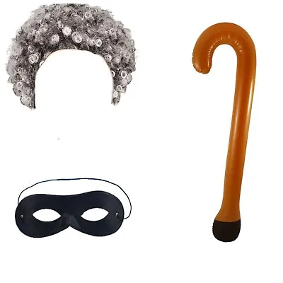 Grey Gangsta Granny Old Woman Wig Mask And Stick Book Week Fancy Dress Costume • £3.85