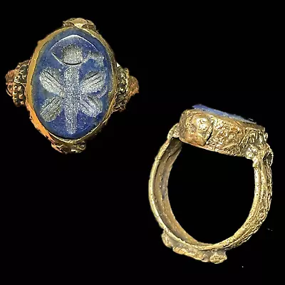 Ancient Roman Brass Ring With Agate Lapis Lazuli Stone Intaglio Seal (10) • £20
