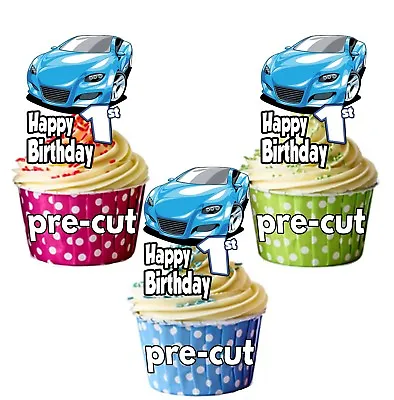 PRECUT Blue Sports Car 12 Birthday Cupcake Toppers Decorations Boys Mens ANY AGE • £3.75