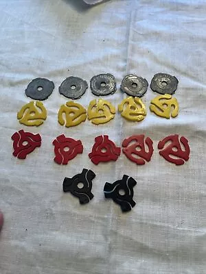 17 Vintage 45 RPM Record Turntable Adaptor Mixed Yellow Red Black Metal Lot USA • $12