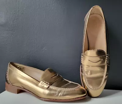 J CREW GOLD GENUINE LEATHER PENNY LOAFERS FLATS Sz 5.5 • $49