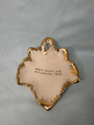 $5 • Buy Great Smoky Mountains Vintage Souvenir Trinket Dish Ceramic Gold Trim Leaf