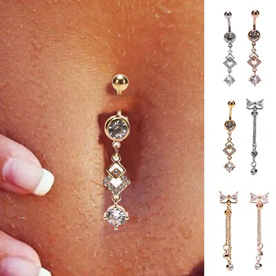 $1.54 • Buy Navel Belly Button Rings Crystal Flower Dangle Bar Barbell Body Piercing Jewe~NA