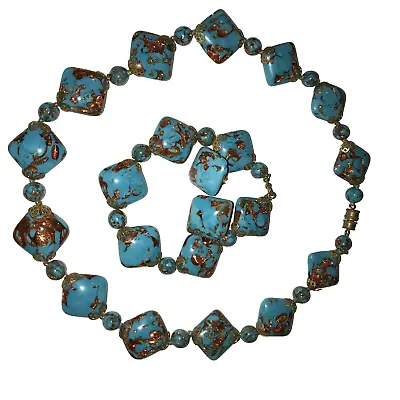 Vtg/Antq Parure/Set Of Turquoise/copper Foil Murano Venetian Glass-pillow Beads • $210