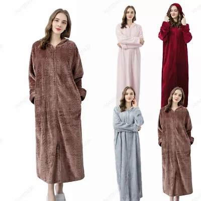 Long Robes Hooded Dressing Gown Ladies Bath Robe Warm Soft Fleece With Zip H1 • £47.40