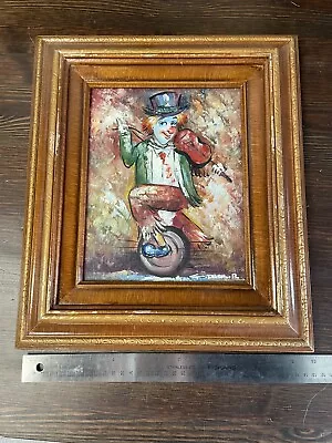 VTG Original Signed Clown Painting Folk Art Unicycle Decor #2 Framed Violin  • $49.49