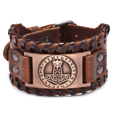 Wholesale Price! Men's Viking Thor Hammer Mjolni Leather Cuff Wristband Bracelet • $4.99