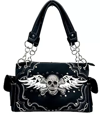 Rhinestone Skull & Wings Bag Concealed Carry Purse Motorcycle Shoulder Handbag • $59.99