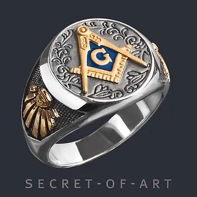 Masonic Ring Silver 925 Freemason Jewelry Master Mason 24K-GoldPlated Size 8-13 • $189.99