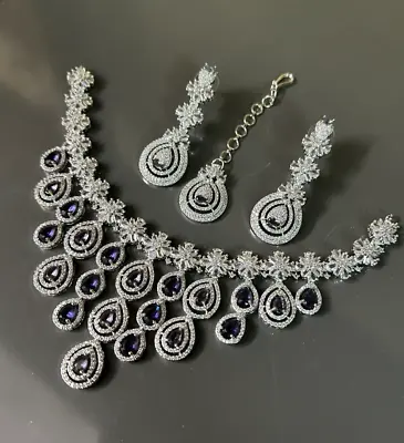 Bollywood Designer Indian Silver Plated AD CZ Necklace Jhumka Ear Set • $40.04