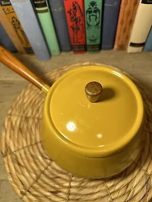 Vintage MCM Mustard Yellow Fondue Pot Matching Lid Wood Handle Made In Japan 12” • $15