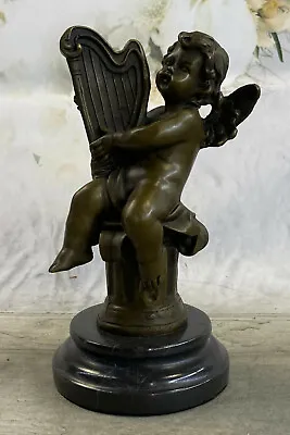 Putti Cherub Pan Harp Musician Artist Angel Bronze Marble Statue Music Room Art • $99.50