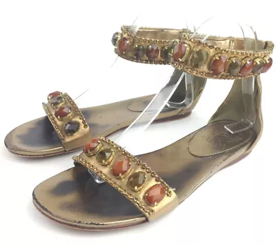 Vince Camuto Womens Sz US 7 Gold Jeweled KARMO Ankle Strap Zip Back Sandal Flats • $9.74