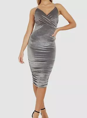 $47 Quiz Women's Grey Ruched Velvet Bodycon Dress Size 16 • $15.18