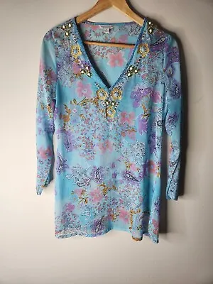 Queenspark Blouse Tunic Top Womens Size 8 Blue Floral Embellished Sheer • $13.96