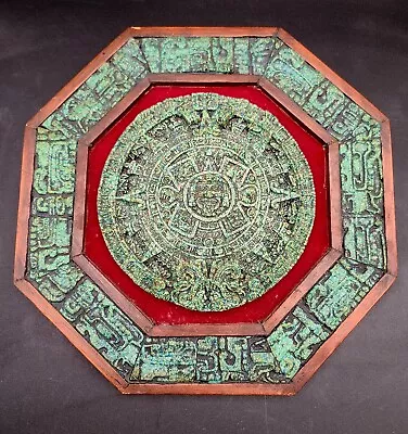 Vintage Aztec Mayan Sun God Calendar Wall Plaque Crushed Malachite Crystals Wood • $62.85