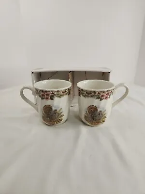 Queens Myott Factory Thanksgiving Set Of 2 Mugs Turkey Floral Border Cup  • $18.39