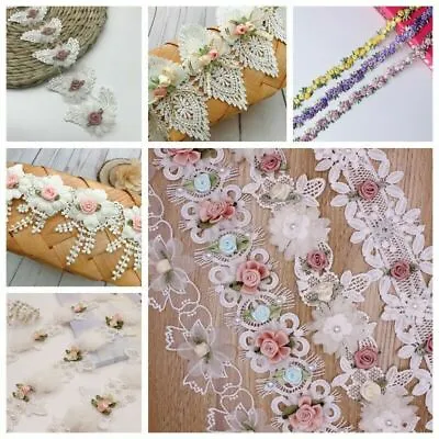 1Yard Rose Flower Embroidered Trim Lace Ribbon DIY Wedding Dress Sewing Crafts • £2.27