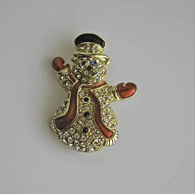 Vintage MONET Signed Snowman Christmas Brooch Pin - Enamel And Rhinestone • $18