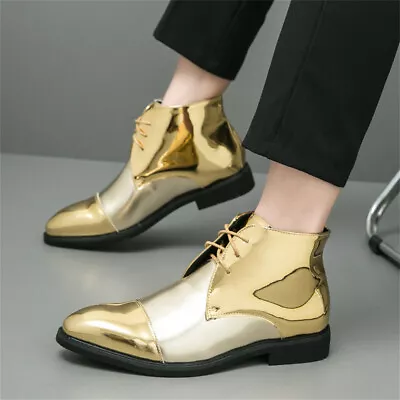 Mens Pointed Toe MaleChelsea Shoes Lace Up High Top Patent Leather Ankle Boots • $53.33