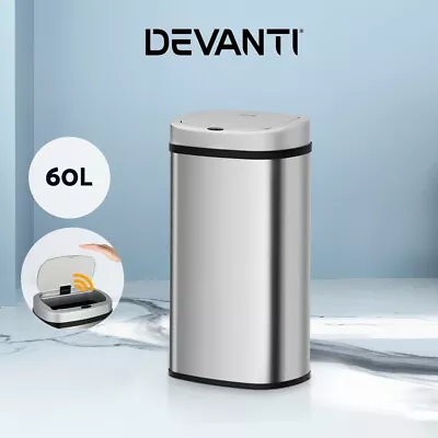 Devanti 60L Sensor Bin Motion Rubbish Automatic Trash Can Kitchen Silver • $72.95