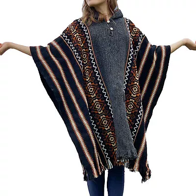 Llama Wool Mens Unisex South American Hooded Poncho Cape Coat Jacket Striped • $79.95