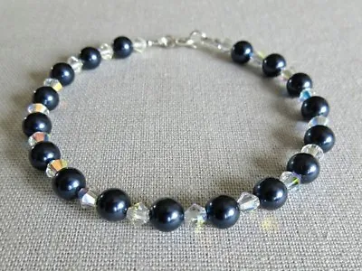 Elegant Blue Pearl Bracelet With Rainbow Swarovski Crystals & Sterling Silver • £24.50