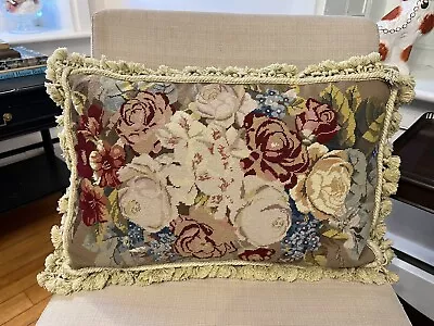 Vintage Wool Needlepoint Petit Point Floral Tassel Velvet Pillow Case Down Fill  • $395