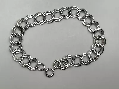 VTG Sterling Silver Rhodium Plated Starter Charm Bracelet Double Ring 6.75   #5 • $12