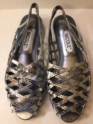 Nicole Silver Sequin Slingback Sandals~Size 7~USED~Casual Flats Slip On Shoes • $19.95