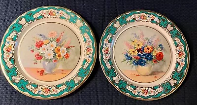 PRICE DROP Daher Decorated Ware Tin Metal Plates Made In Holland 8  Green Floral • $15.99