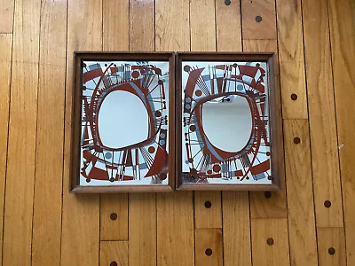 Two Mid Century Mirrors MCM Red Orange Brown Matching Pair Wall Art • $165