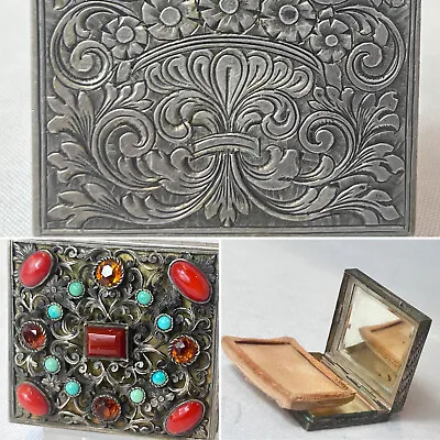 Antique 800 Silver Compact Carnelian Coral Turquoise Mirrored Powder Box • $159.95