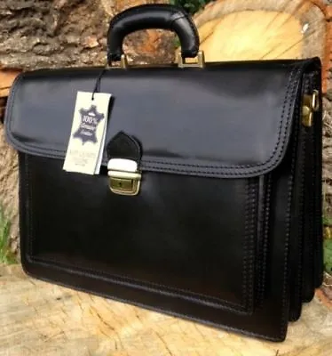 Hand Made Italian Black Leather Briefcase Laptop Satchel Messenger Office Bag • £79