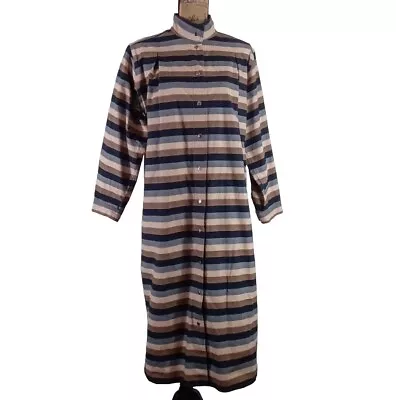 Vuokko Dress Jacket Finland Snap Front Long Full Sleeve Cotton Blue Brown Stripe • $349.99