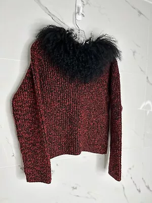 Miss-Fits Red Chunky Sweater Mongolian Lamb Fur Collar Penny Lane 90’s Y2K NWOT • $59