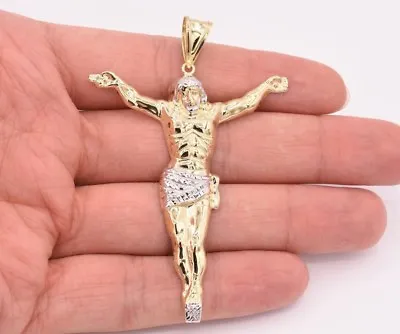 3  Mens Diamond Cut Crucifix Jesus Body Pendant Charm Real 10K Yellow White Gold • $373.99