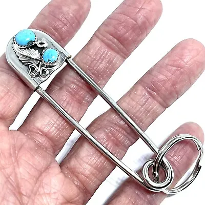 Giant Safety Pin Keyring Turquoise Leaf Key Chain Tag VTG 4in Navajo Mens Gift • $39.94