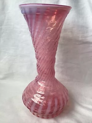Vintage 8” Fenton ? Cranberry Opalescent Flared Based Candy Stripped Vase Pink • $39.99