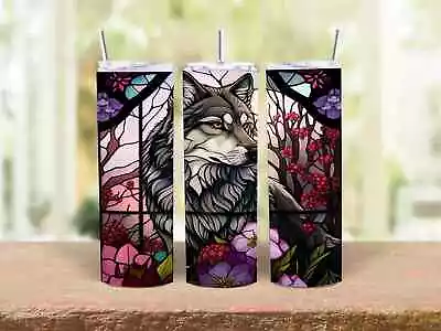 Wolf Stained Glass 20 Oz. Stainless Steel Skinny Tumbler With Straw. • $15.99