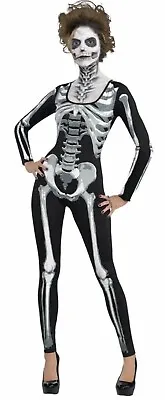 Ladies Skeleton Black & Bone Catsuit Bodysuit Halloween Fancy Dress Costume Sz M • £19