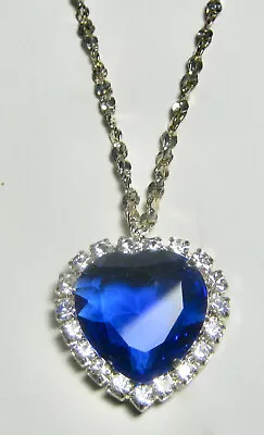 Lind Necklace & Clip Earring Set Blue Glass Hearts Surrounded By Rhinestones • $35