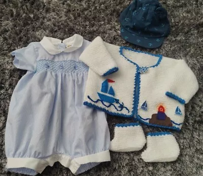 Hand Knitted Boys Nautical Cardigan Booties Free Hullabaloo Blue Romper 3-6 Mths • £10.99